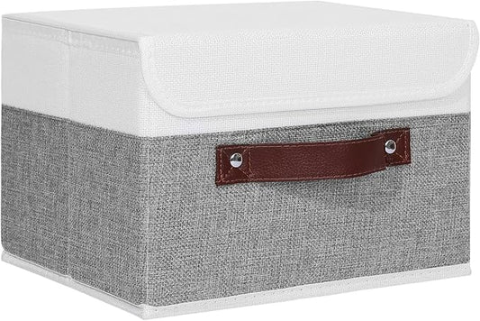 ANMINY Storage Boxes with Lids Washable Decorative Storage Bins Basket with PU Leather Handle Foldable Linen Fabric Storage Cubes Containers for Home Closet Organizer - Gray White, Small Size by ANMINY
