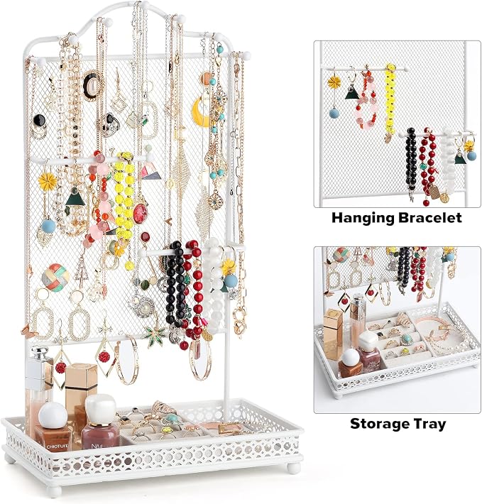Meangood Jewelry Organizer Stand, Earring Holder Rack for Hanging Earrings Necklace Bracelets Watches Jewelry Display Large Rings Storage as Women Gift (White) - Image 5