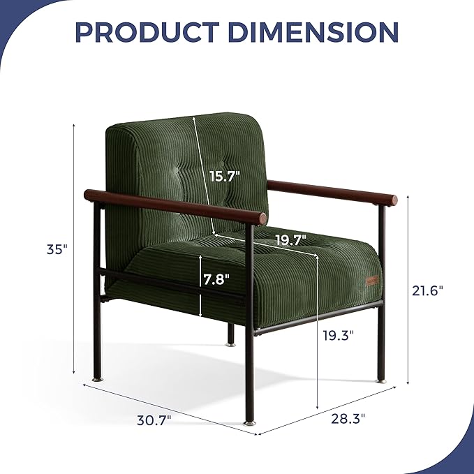 MAXYOYO Living Room Accent Chair, Modern Chair with Sturdy Metal Frame & Wood Armrests, Upholstered Reading Chair with Upholstered Cushion for Bedroom Balcony Porch, Dark Green