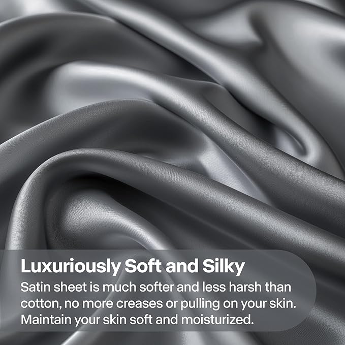 BEDELITE King Size Sheets Set, Luxury Soft Dark Grey Satin Sheets for Hair and Skin, Similar to Silk Bed Sheets Set 4 Pieces with 1 Deep Pocket Fitted Sheet, 1 Flat Sheet, and 2 Pillowcases