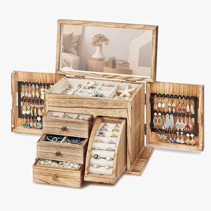 Poyilooo Jewelry Box Organizer, Solid Wood Jewelry Boxes fow Women with Mirror, Double Layer Jewelry Organizer Box Display Earring Necklace Bracelet Ring, Rustic Style Small Jewelry Box for Girls by Poyilooo