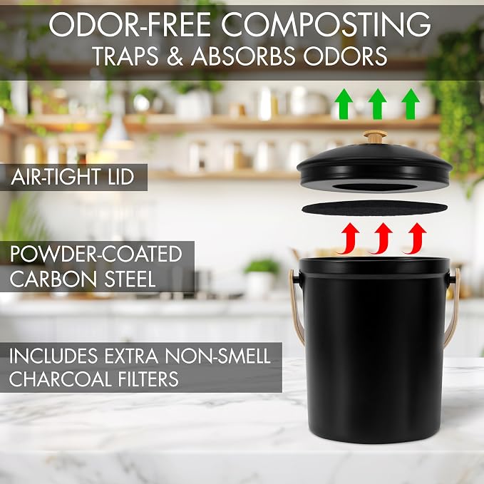 Beautiful Kitchen Compost Bin with Smell Proof Lid - Rust Proof and Odorless Compost Bucket for Your Countertop with No Smell Filters - Easy to Clean 1.1 Gallon Bin Looks Great On Any Kitchen Counter - Image 6