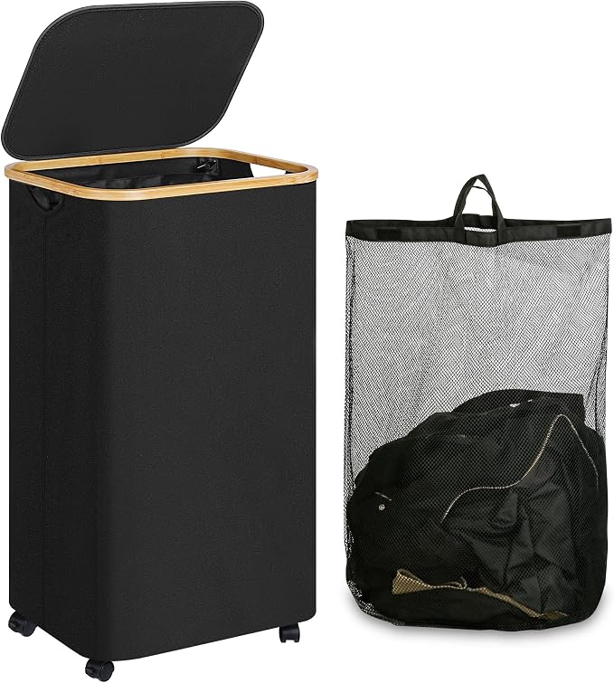Laundry Basket with Wheels, 110L Black Clothes Hamper for Laundry, Laundry Hamper with Lid and Inner Bag, for Laundry Room, Bedroom, Dormitory Storage,Black by iEGrow