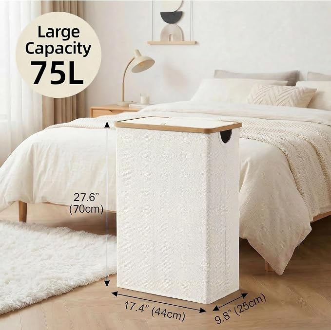 efluky Slim Laundry Basket with Lid, Narrow Laundry Hamper with Removable Bag, Skinny Dirty Clothes Basket with Bamboo Handles for Bathroom, Bedroom & Laundry Room, 75L Beige - Image 3
