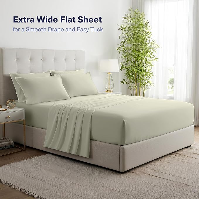 Kickoff Viscose Bamboo Sheets Short Queen Size 4-pc 100% Organic Bamboo Viscose Bed Cooling Sheets Short Queen Size Set Cool Bedding for hot Sleepers Sheet, Flat, Fitted, Pillowcases (Sage Green, SQ)