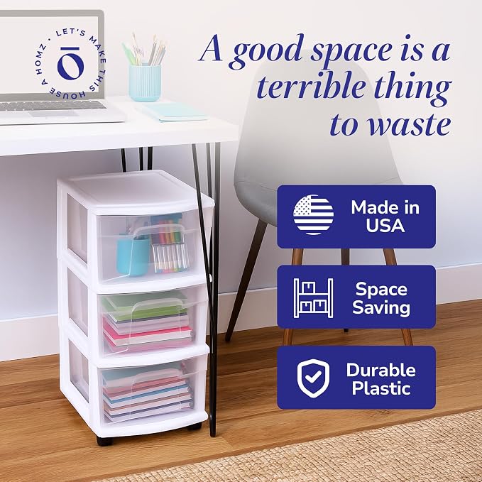 HOMZ 2-Pack Drawer Tower, 3-Tier Clear Plastic Storage Organizer Cart, White Frame - Organizing Containers with Wheels for Home, Bathroom, Bedroom, Office, and Classroom - Image 6
