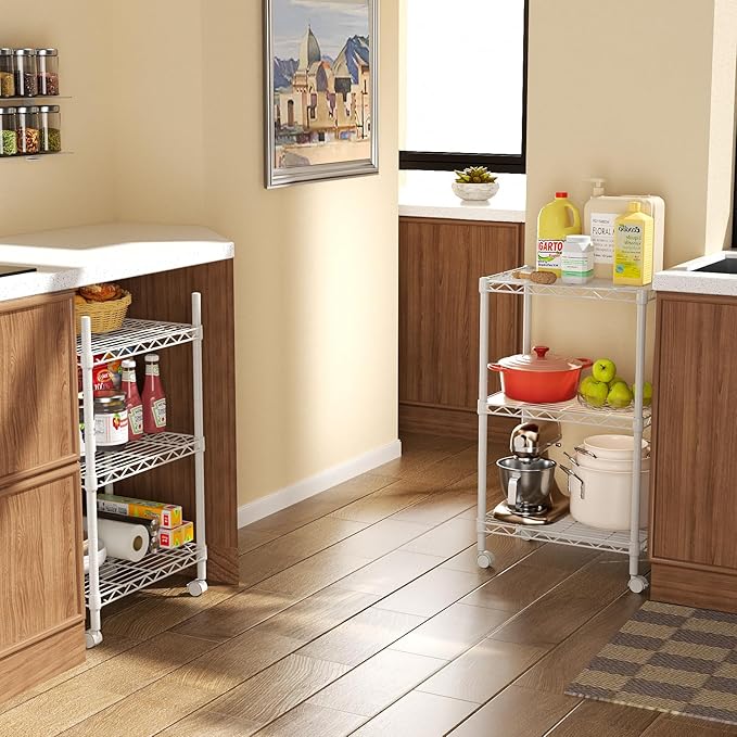SINGAYE 3 Small Shelves Storage Shelf Wire Shelving Unit Metal Shelf Adjustable Organizers Storage Shelving with Wheels for Bathroom Laundry Room Kitchen Pantry11.5”D x 17.5”W x 30.5”H White - Image 5