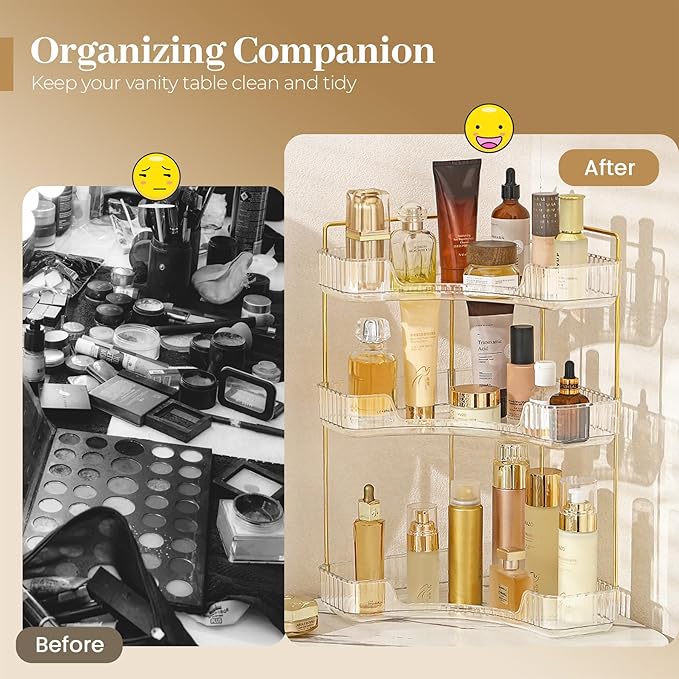 Aveniee Corner Bathroom Counter Organizer, Bathroom Countertop Shelf Makeup Storage, Clear Perfume Tray Holder (3 Tiers, White) - Image 5