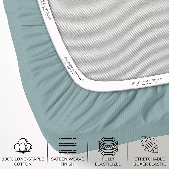 Feather & Stitch 500 TC King Size Bed Sheet Set, 100% Cotton Soft Breathable Bedsheets, 4 Piece 18" Deep Pockets Sateen Weave Striped Bedding Mattress Resort Hotel Luxury - (Granite Green Stripe)