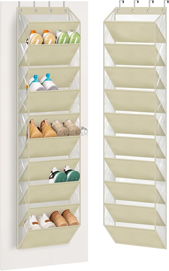 AOODA 10 Tier Clear Over the Door Shoe Organizer Storage, Deep Pockets Large Hanging Shoe Rack for Closet Door, Fit 20 Pairs Shoe Holder Hanger for Sneakers, Boots (Deep beige) by AOODA