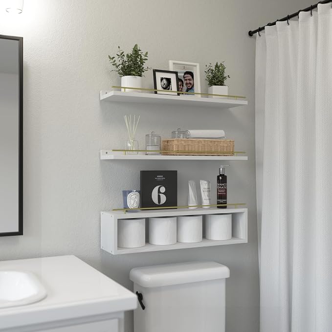 WOPITUES Floating Shelves for Wall 24 inch with Cube Shelf, Wall Shelves with Metal Rail for Decor, Bathroom Organizers and Storage, Over Toilet Shelves for Bathroom, Toilet Paper-White&Gold - Image 2