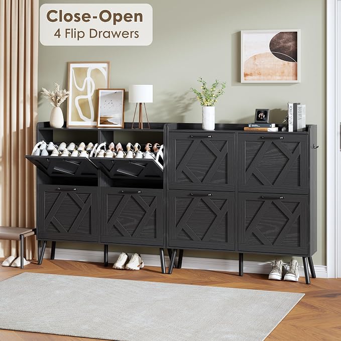 Nicetree Shoe Cabinet with 4 Flip Drawers, Hidden Shoe Rack Cabinet with Metal Legs, Farmhouse Narrow Shoe Storage Cabinet for Entryway, Foyer, Hallway, Black with Hook - Image 3