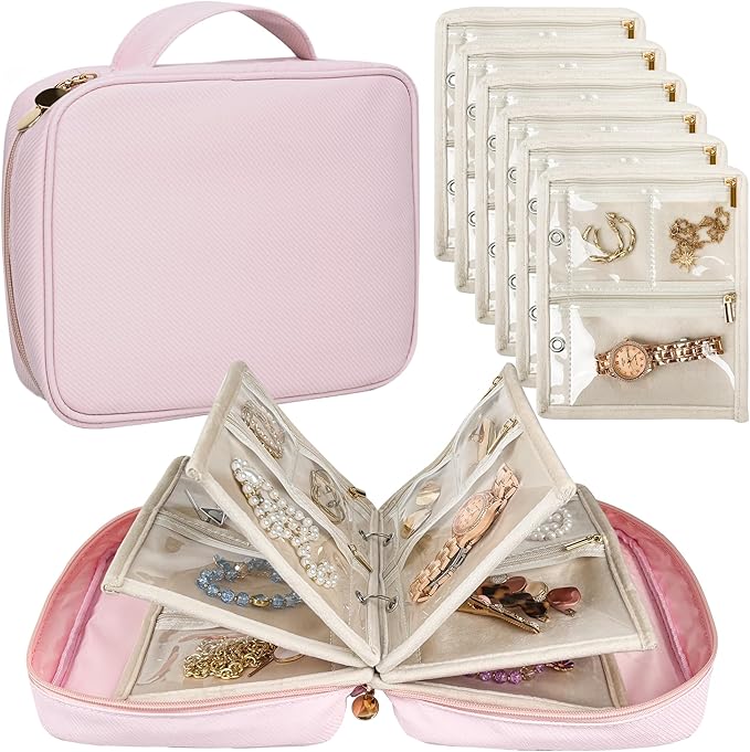 Travel Jewelry Organizer Case,Small Jewelry Bags Jewelry Storage Book Binder with Clear Zipper Velvet Pouch for Traveling,Earrings, Rings, Necklace, Bracelet (Pink) by LingLingo