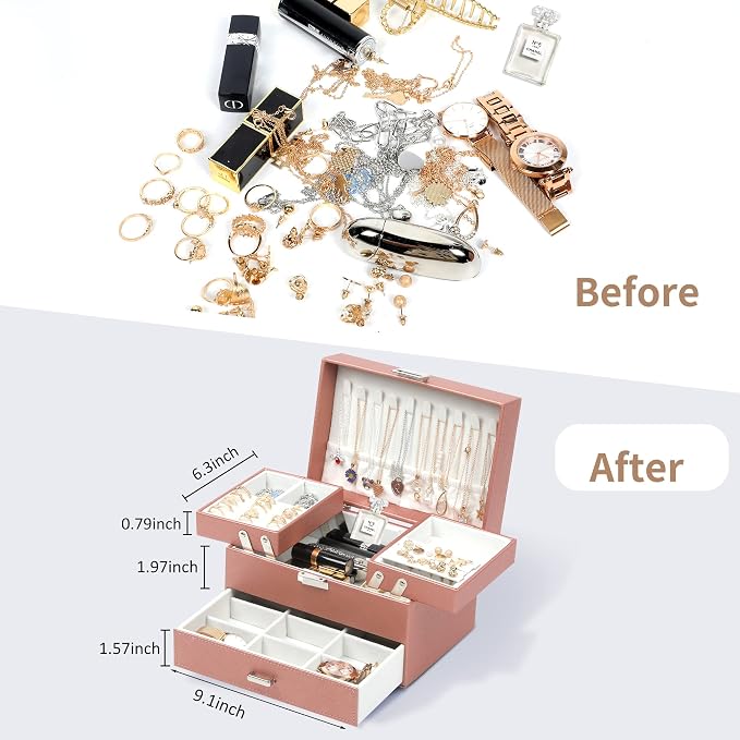 Dajasan Jewelry Organizer Box, Large Jewelry Boxes for Women Girls, Space-Saving 3 Layers Jewelry Storage Case with Drawer, Movable Metal Stand, Modern, Gift Idea (Champagne) - Image 4