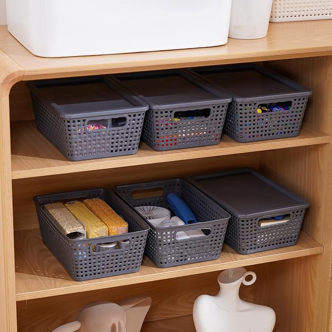 Plastic Storage Baskets With Lid, Storage Bins for Organizing, Stackable Decorative Containers for Shelves Drawers Desktop Closet Playroom Classroom Office, 6 Pack-Grey - Image 7