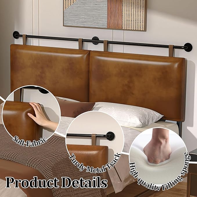 BSHOMGI Queen Headboard, Hanging Headboards with Brown Faux Leather Industrial Pipe Modern Style Only for Bed Backboard Headboards for Queen Size Bed