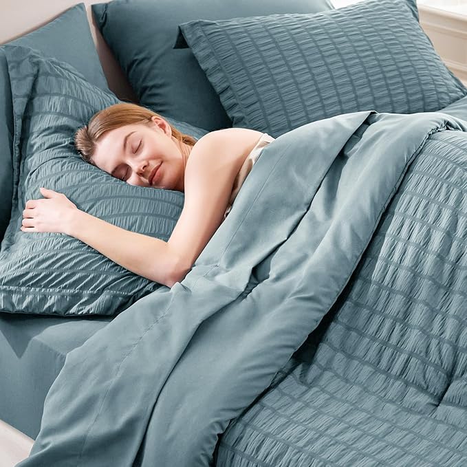 CozyLux Queen Comforter Set Mineral Blue Seersucker 7 Pieces Bed in a Bag Queen Comforter Set with Sheets, Luxury Bedding Set with Down Alternative Comforter, Sheets, Pillowcases & Shams All Seasons