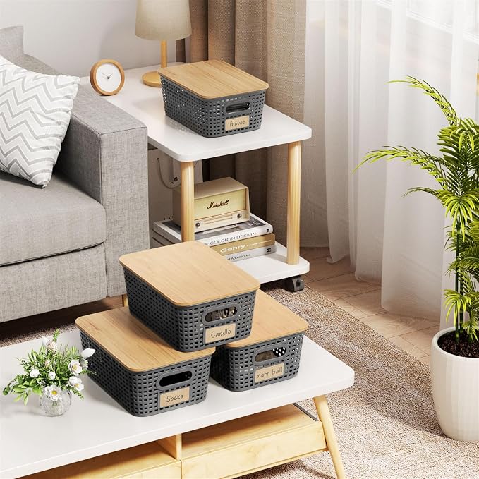 6Pcs Storage Bins with Lids, Stackable Plastic Storage Basket with Bamboo Lid, Pantry Organizer Box Small Containers for Organizing Shelves Drawer Desktop Closet Cabinet Office Classroom 10x7.1x4.1in - Image 7