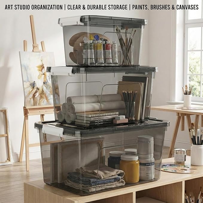 Plastic Storage Bins with Lids, 3 Pack Mixed Sizes (22 Qt, 16 Qt, 7 Qt) Clear Black Stackable Organizer Boxes with Latches for Closet, Pantry, Garage, Bathroom, Office - Image 8