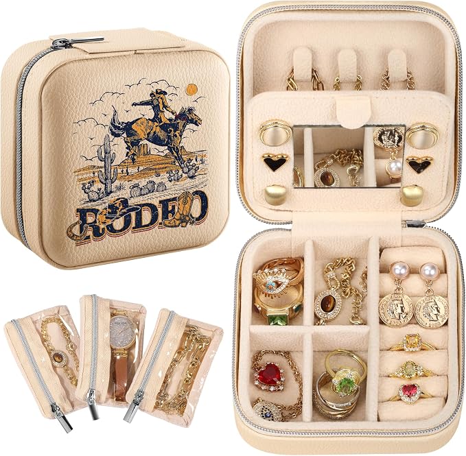 Bistup Travel Jewelry Case - Small Jewelry Organizers and Storage Box for Women Girls Teens Cute Traveling Jewelry Holder with Mirror Little Tiny Compact Modern Unique Aesthetic Pretty, Western by Bistup