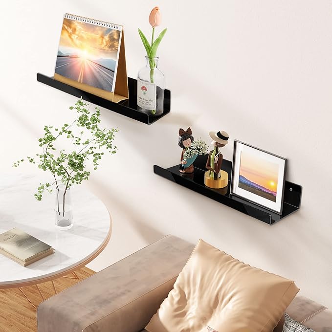 upsimples Acrylic Shelves for Wall Decor, 15" Display Shelf Perfume Organizer for Bathroom, Bedroom, Living Room, Floating Bookshelves for Kids, Black, 2 Pack - Image 2