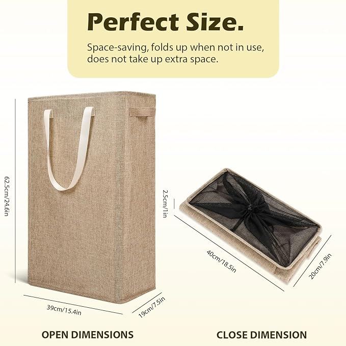 Odonata Slim Laundry Hamper Handles Collapsible Laundry Basket Thin Dirty Clothes Basket Narrow Laundry Bag Foldable Dirty Hamper 45L (Light Khaki) - Image 2