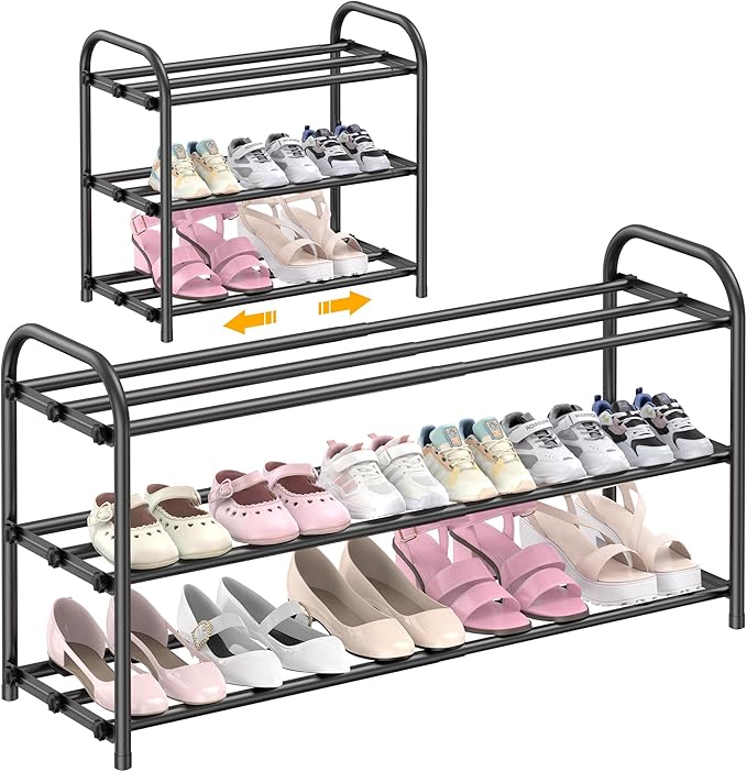 Hleelomi 3-Tier Expandable Shoe Rack,Adjustable Shoe Shelf Storage Organizer Heavy Duty Metal Free Standing Shoe Rack for Entryway, Closet,Living Room,Dorm,Black by Hleelomi