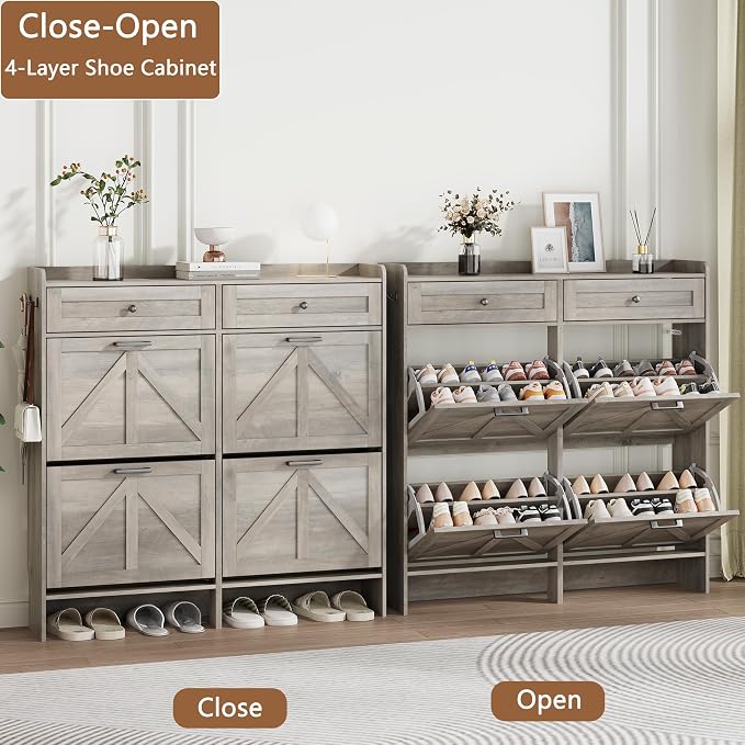 Shoe Cabinet with 4 Flip Drawers & 2 Top Drawers, 43" Tall Freestanding Narrow Wooden Shoe Storage Organizer for Entryway, Hidden Slim Shoe Rack for Front Door Entrance, Hallway, Living Room, Grey - Image 4