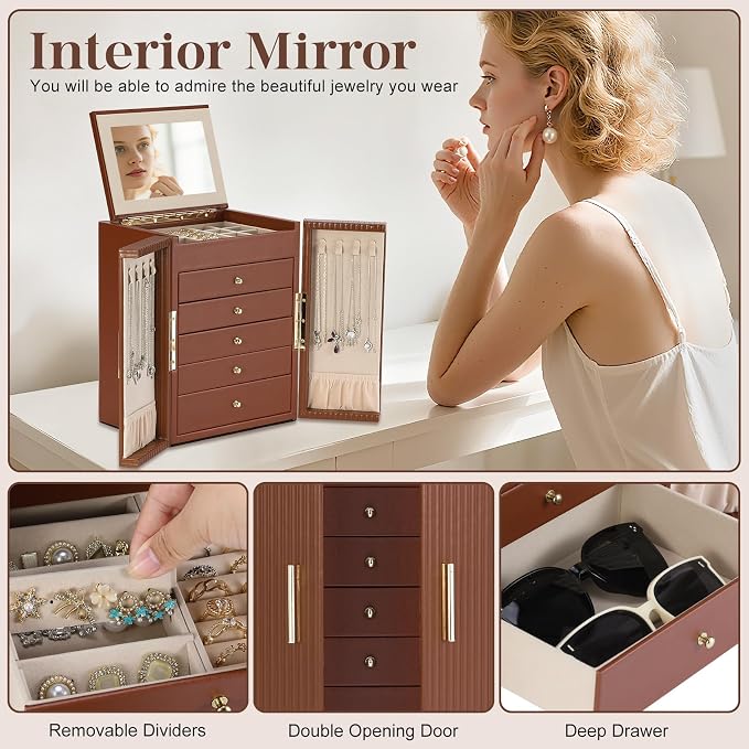Dajasan Large Jewelry Organizer Box, Jewelry Boxes for Women Girls, 6-Tier Jewelry Storage Organizer with Mirror for Necklace Ring Bracelet Watch, Gift Idea (Brown) - Image 6
