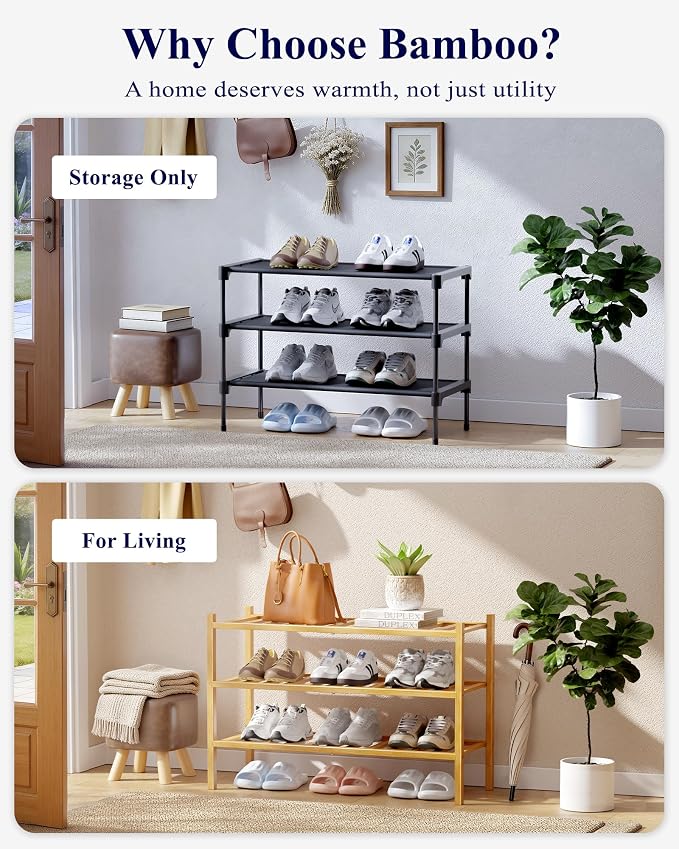 Kitsure Bamboo Wooden Shoe Rack for Closet - Stackable Shoe Organizer with Modular Structure, Space-Saving Shoe Shelf for Entryway, Living Room, Bedroom, 26.8" x 11" x 18.9", Natural - Image 3