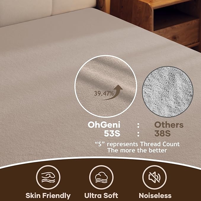 OhGeni 100% Waterproof Mattress Protector, Queen Size Brown, Fitted Sheet with Deep Pockets, 6''-18'', Premium Noiseless Breathable Soft Material, Mattresses Cover for Bed