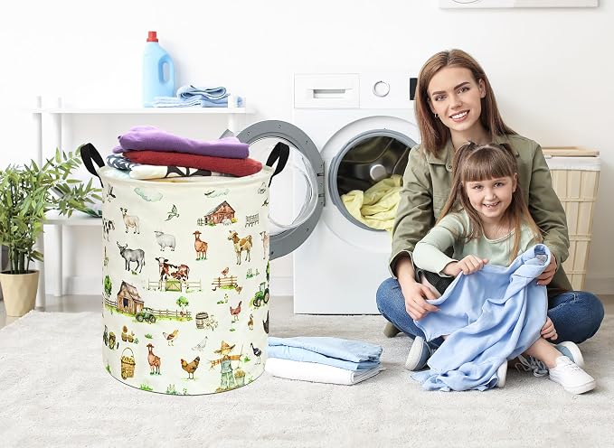 Collapsible Kids Laundry Basket Clothes Hamper, Foldable Storage Organizer Bin, Toy Clothes Storage with Handles for Boys Girls Bedroom, Room Decor Farm - Image 3