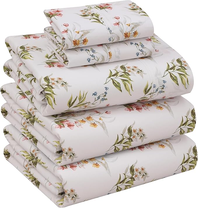 RUVANTI 100% Cotton Sheets – Split King Size Percale Bedding, Cooling & Breathable Floral Design, Durable with a Crisp, Soft & Comfortable Feel, 16" Deep Pocket, 5-Piece Set, Floral Bliss