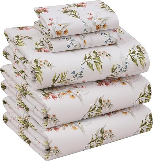 RUVANTI 100% Cotton Sheets – Split King Size Percale Bedding, Cooling & Breathable Floral Design, Durable with a Crisp, Soft & Comfortable Feel, 16" Deep Pocket, 5-Piece Set, Floral Bliss