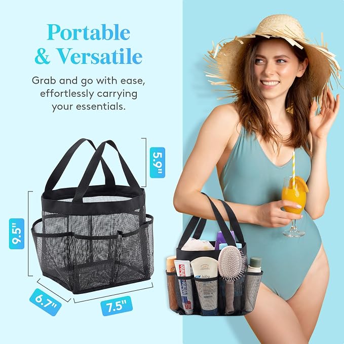 Lifewit Mesh Shower Caddy Portable for College Dorm Room Essentials with 7 Pockets, Freestanding Hanging Organizer Basket, Quick Dry Tote Bag for Camping, Bathroom, Beach, Travel, 1 Pack, Black - Image 2
