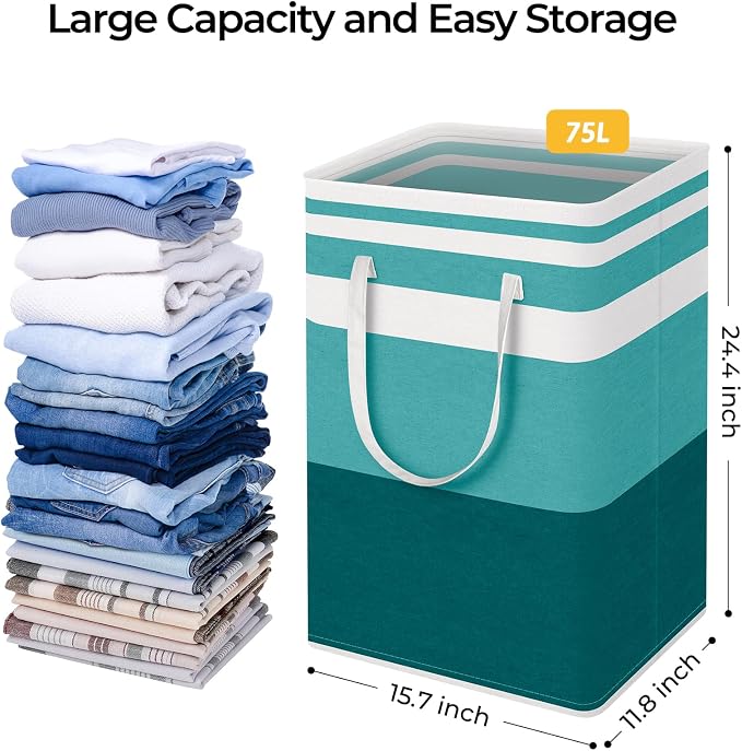 HomeHacks 2-Pack Large Laundry Basket, Waterproof, Freestanding Laundry Hamper, Collapsible Tall Clothes Hamper with Extended Handles for Clothes Toys in the Dorm and Family (Green, 75L) - Image 4