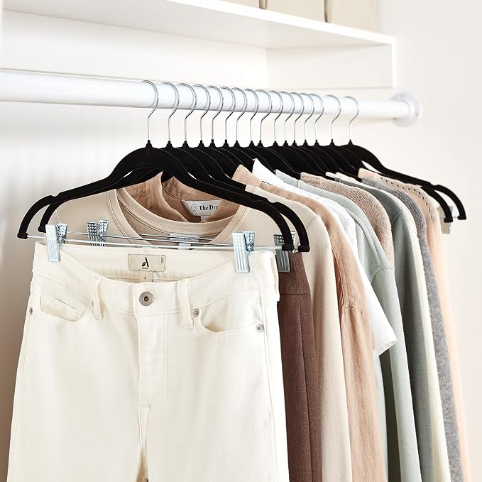 Amazon Basics Velvet Non-Slip Skirt Clothes Hangers with Clips, 360 Degree Rotatable Hook, Sturdy Construction, Organize Pants and Skirts, Black/Silver, 50-Pack - Image 6
