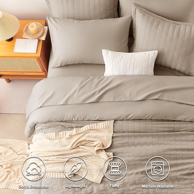 CozyLux Full Size Comforter Sets with Sheets 7 Pieces, Khaki Seersucker Bed in a Bag Textured Luxury Soft Bedding Sets with Down Alternative Comforter, Sheets, Pillowcases & Shams for All Season