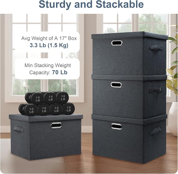 Graciadeco Large 17" 36 Quart Collapsible Stackable Storage Bins with Lids, 3 Packs Dark Gray Foldable Fabric Closet Storage Boxes with Lids, Heavy-duty Linen Cube Baskets(17x12x11) - Image 3