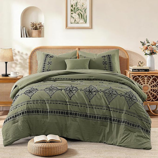 MaiRêve Full Size Comforter Set Olive Green, Embroidery Floral Western Boho Bedding Set, All Season 7 Pieces Bed in a Bag with Sheets, Pillowcases & Shams