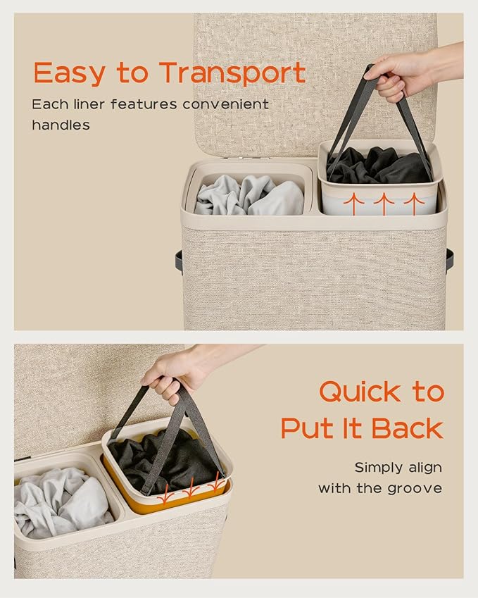 CASAMAYA Laundry Basket with Lid, Laundry Hamper 2 Section, 170L collapsible Laundry Organizer, Easy Assembly, with Handles and Removable Liners, 22 x 15.7 x 29.5 Inches, Beige JSP903M - Image 4