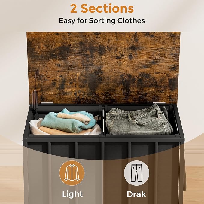 120L Laundry Hamper with Wheels and Lid, Rolling Laundry Basket with Dual Removable Liners, Soft-Close Flip-Top Wooden Lid, Metal Handles, Clothes Organizer for Bedroom and Laundry Room - Image 4