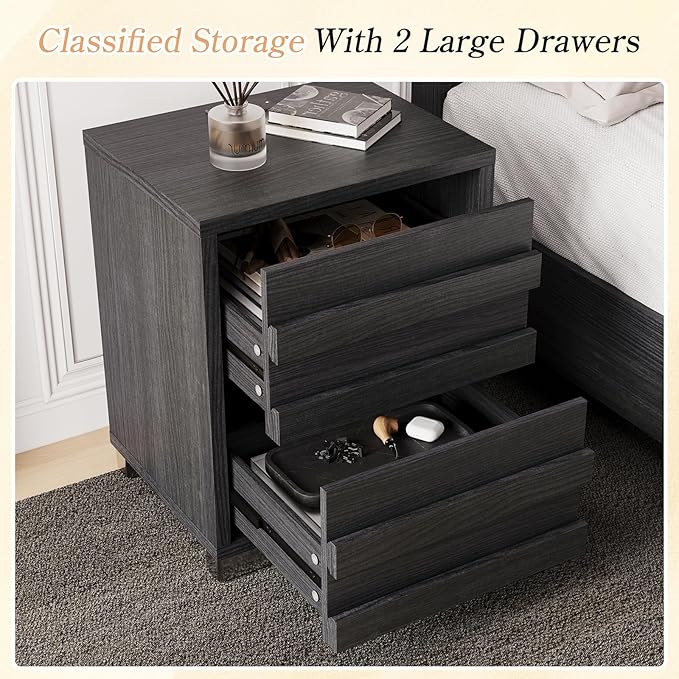 LUXOAK 3 Pcs Bedroom Furniture Sets - Includes Farmhouse Full Size Bed Frame with 49" Tall Headboard and Nightstand Sets of 2 with Charging Station, Slated Handles & Stainless Steel Feet, Black