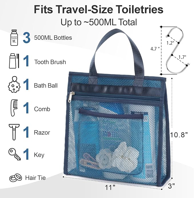F-color Mesh Shower Caddy Portable Hanging - 3 Pockets Small Shower Bag Tote for Camping, Gym, Travel, Toiletry, Quick Dry Bathroom Essentials with S Hook, Navy Blue - Image 3