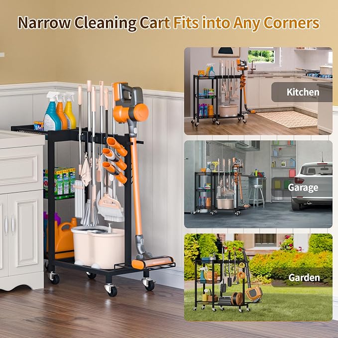 Broom Holder with Cleaning Supplies Organizer Load 350 LBS Cleaning Cart with Wheels Broom Closet Storage with 3-Tier Shelves, 6 Mop Hanger Grippers, 3 Double-Hooks, Vacuum Stand for Laundry Garage - Image 8