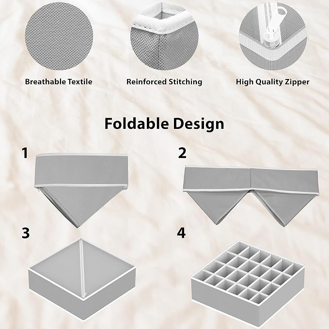 Simple Houseware 4-Pack Drawer Organizer Set - Closet Dividers for Underwear, Socks, Bras, Scarves, Ties - Foldable Non-Woven Storage Boxes, Gray - Image 5