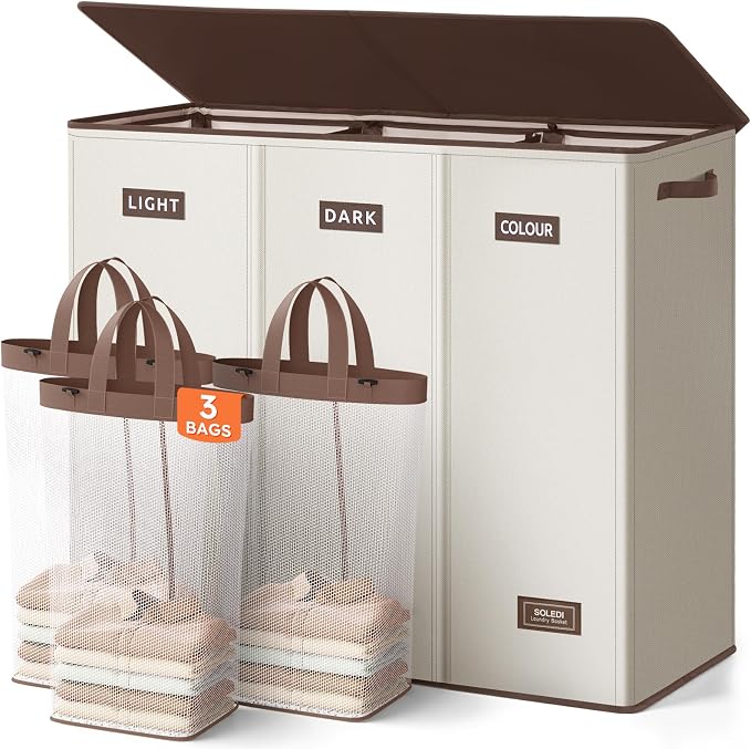 SOLEDI 200L 3-Section Laundry Hamper with Lid, Extra Large Dirty Clothes Basket with Sturdy Handles for Laundry Room & Bedroom - Durable Organizer for Sorting Laundry by SOLEDI