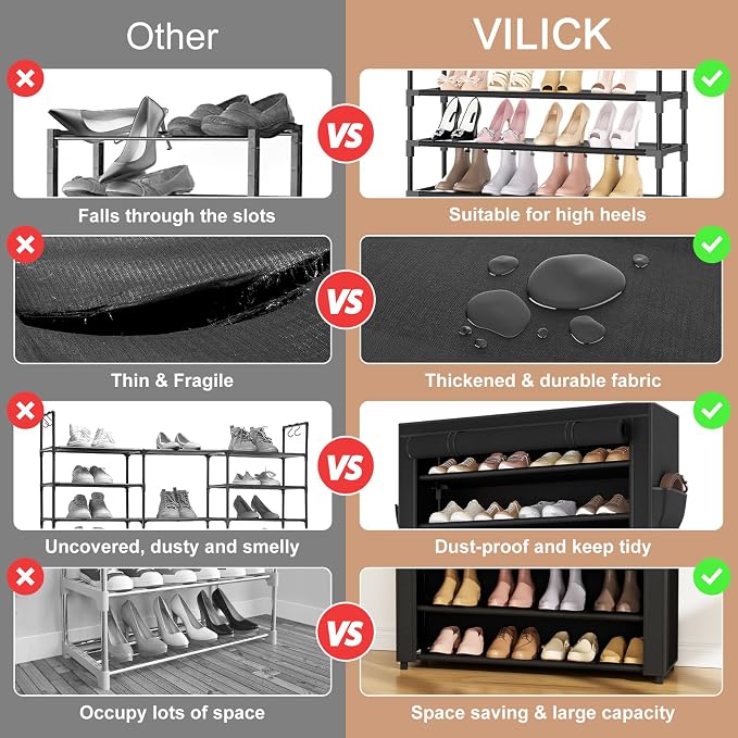 VILICK Shoe Rack with Cover Narrow Shoe Organizer with Pockets 10 Tier Tall Shoe Storage Holds 36-41 Pairs Shoes and Boots Shoe Rack for Closet Entryway Garage, Black - Image 5