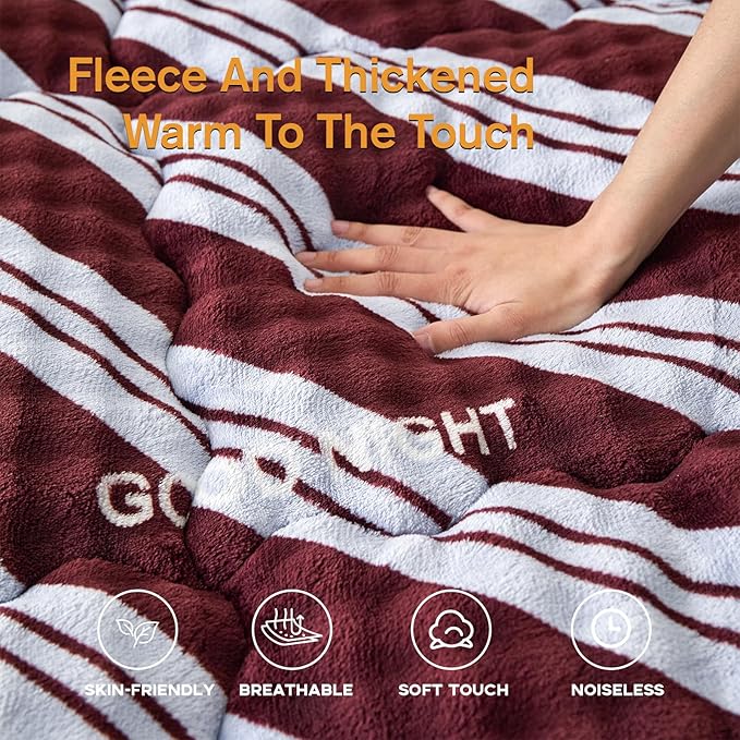 Full Mattress Pad 54 x 75 inches, Warm Thicken Velvet Mattress Protector Breathable and Comfortable with 4 Elastic Band, Deep Pocket Stretchable up to 15 inches Washable, Brown Stripes