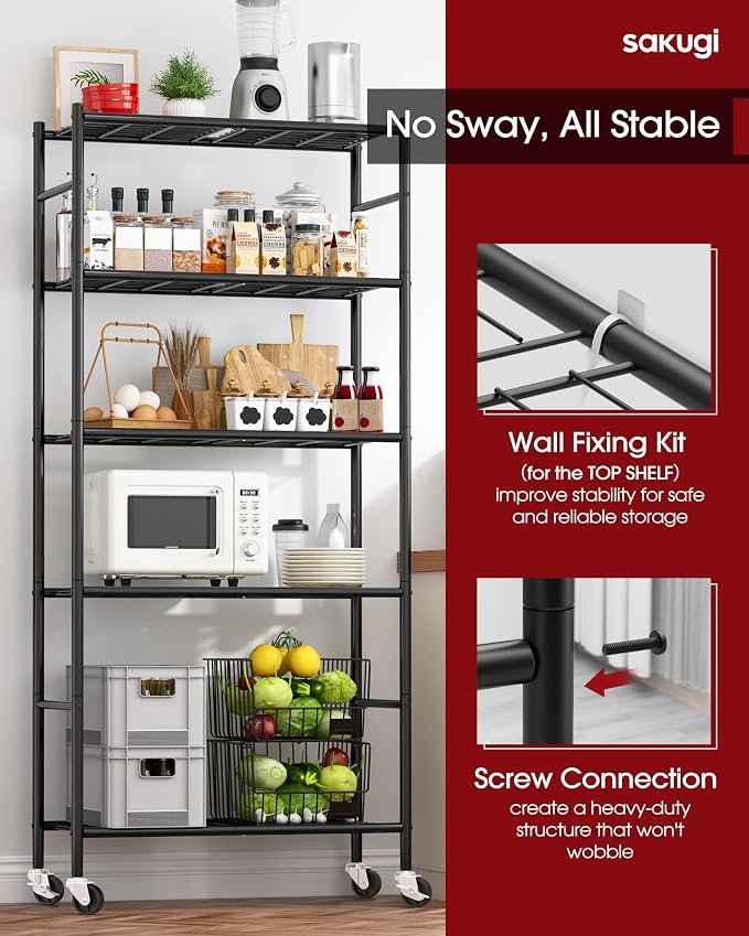 Sakugi Storage Shelves Organizer - 5 Tier Metal Shelf Organizer with Metal Wheels and Adjustable Leveling Feet, Heavy Duty Garage Shelving for Kitchen, Pantry and Closet, 33.1"x12.6"x73.5", Black - Image 4